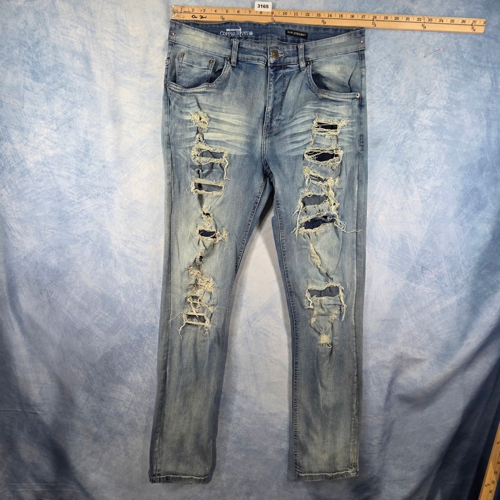 Copper Rivet Mens Slim Straight Distressed Light Wash Blue Denim Jeans 34x34